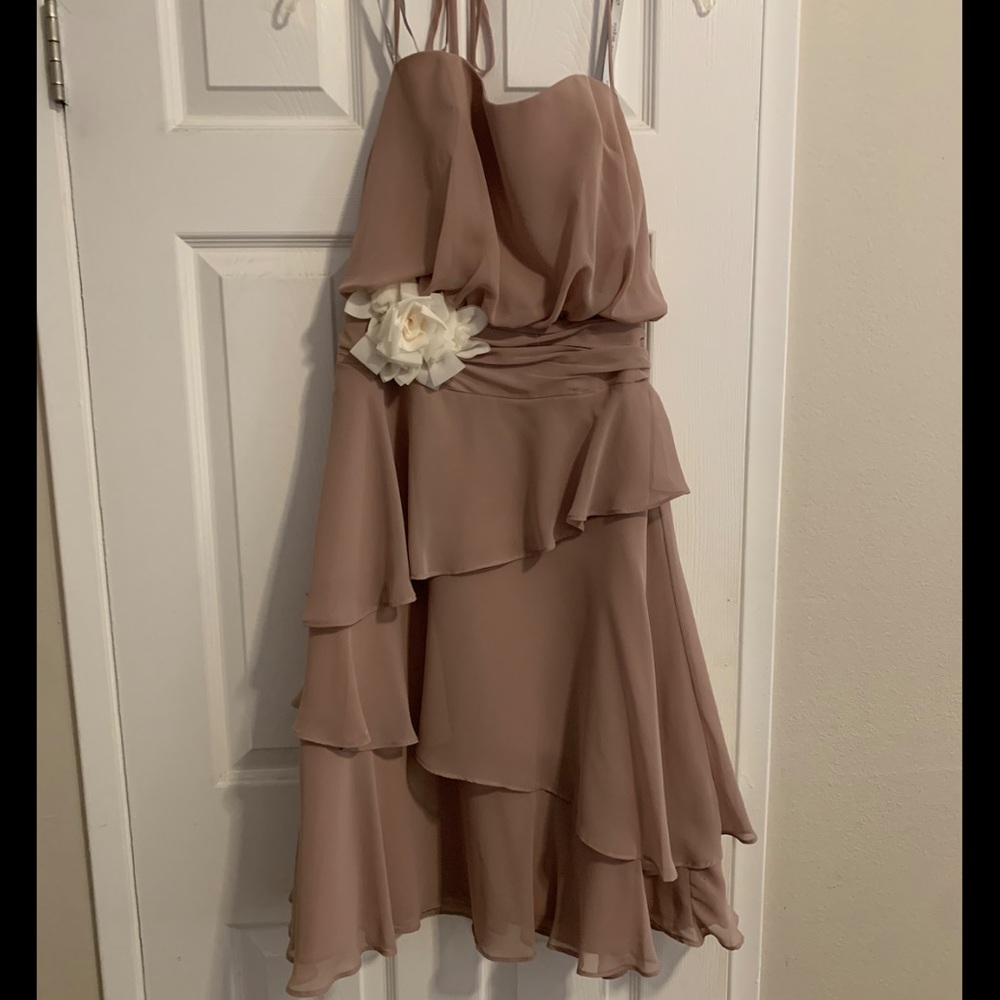 Nude mid-length bridesmaid dress